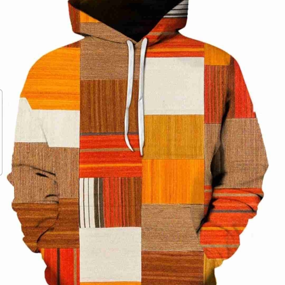 Men's Patchwork Hoodie in Orange, Brown, and Cream